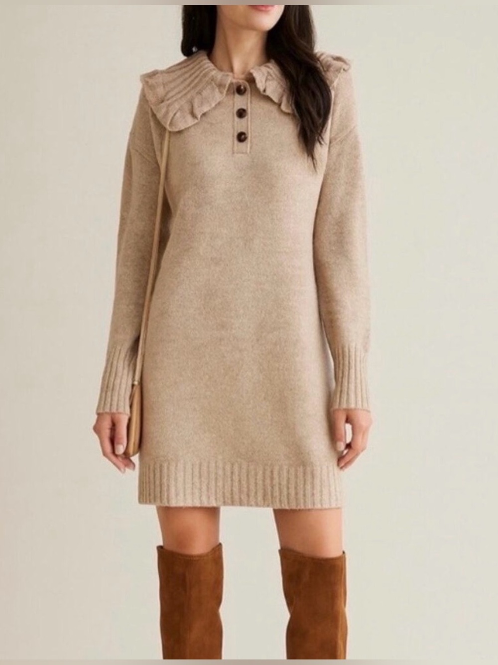 NWT Camila Coelho Knit Sweater Dress L Oatmeal Ruffled Neck Quiet Luxury Casual